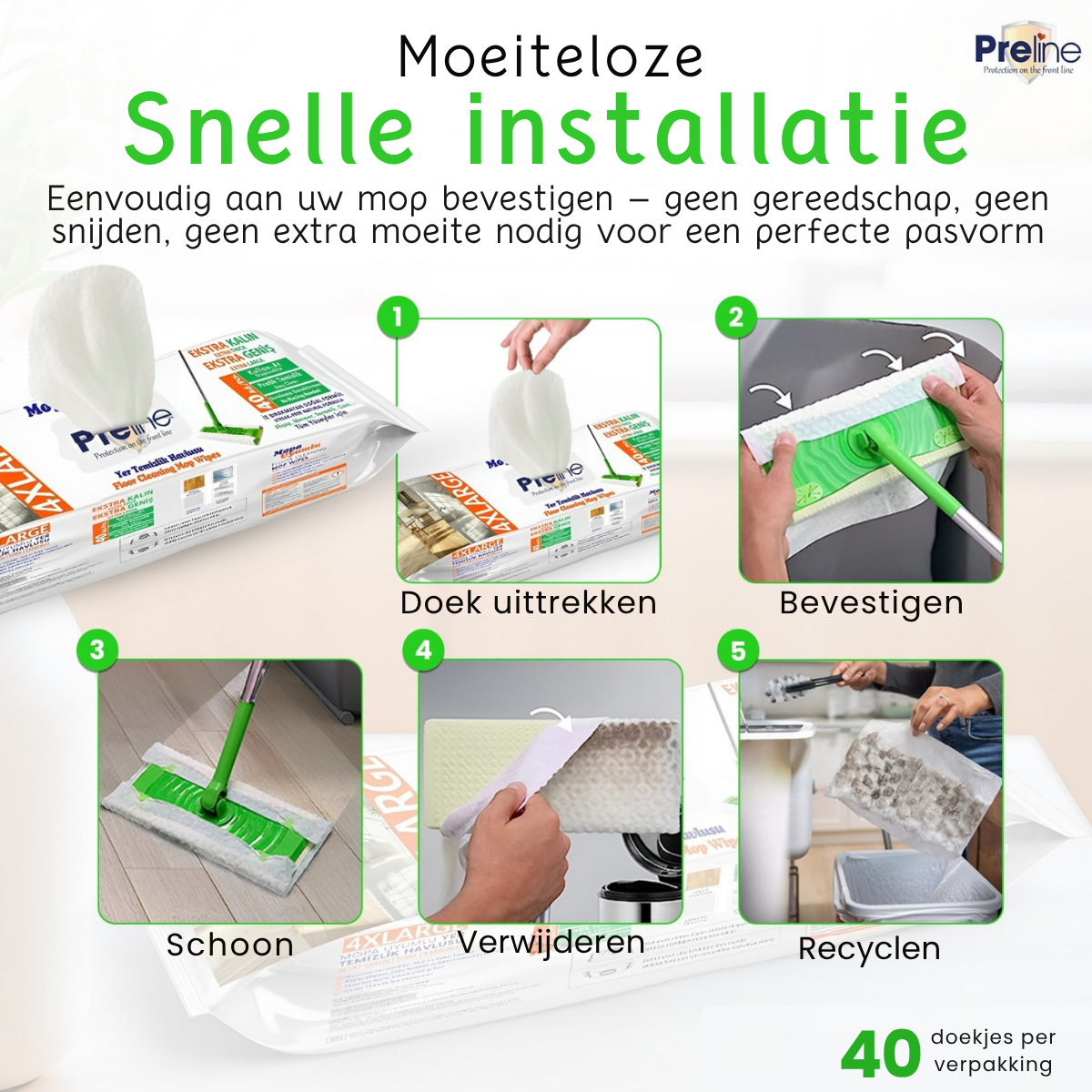 Preline Vloerdoekjes – Vochtige Reinigingsdoekjes met Witte Zeepgeur -12 Pack (480 Stuks)